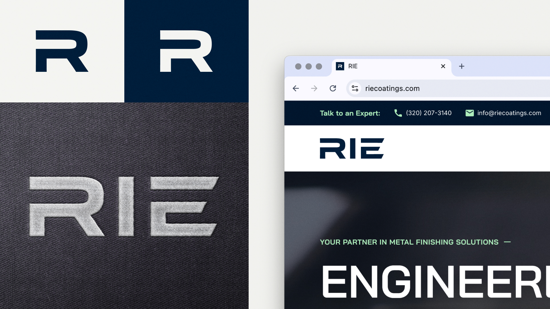 Visual branding elements for RIE Coatings, featuring stylized 'R' logos on dark and light backgrounds, metallic embroidery of the company name, and a website screenshot with contact info and the tagline 'Your Partner in Metal Finishing Solutions.'