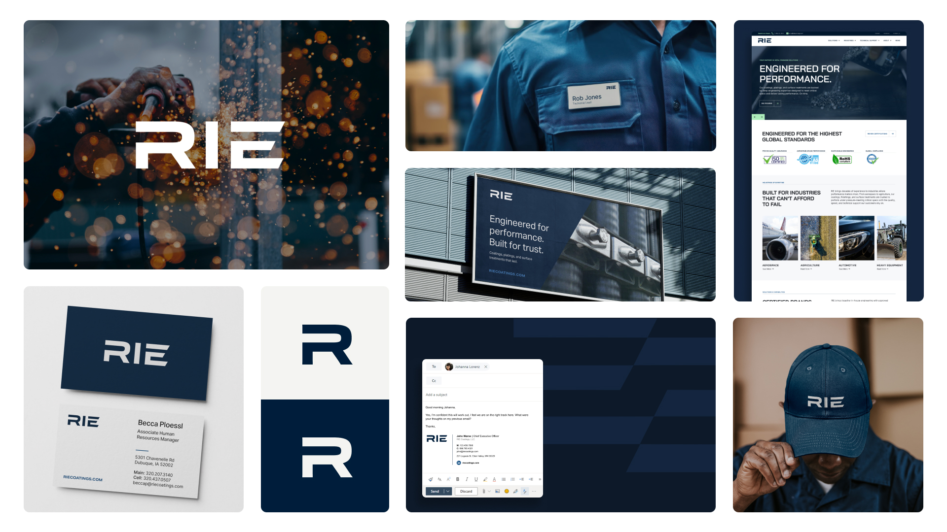 Collage of RIE branding materials including a spark-themed logo, employee uniform with name tag, website mockup with engineering-focused taglines, business card for Becca Pineal, social media post, branded cap, and stylized 'R' icons in blue tones.