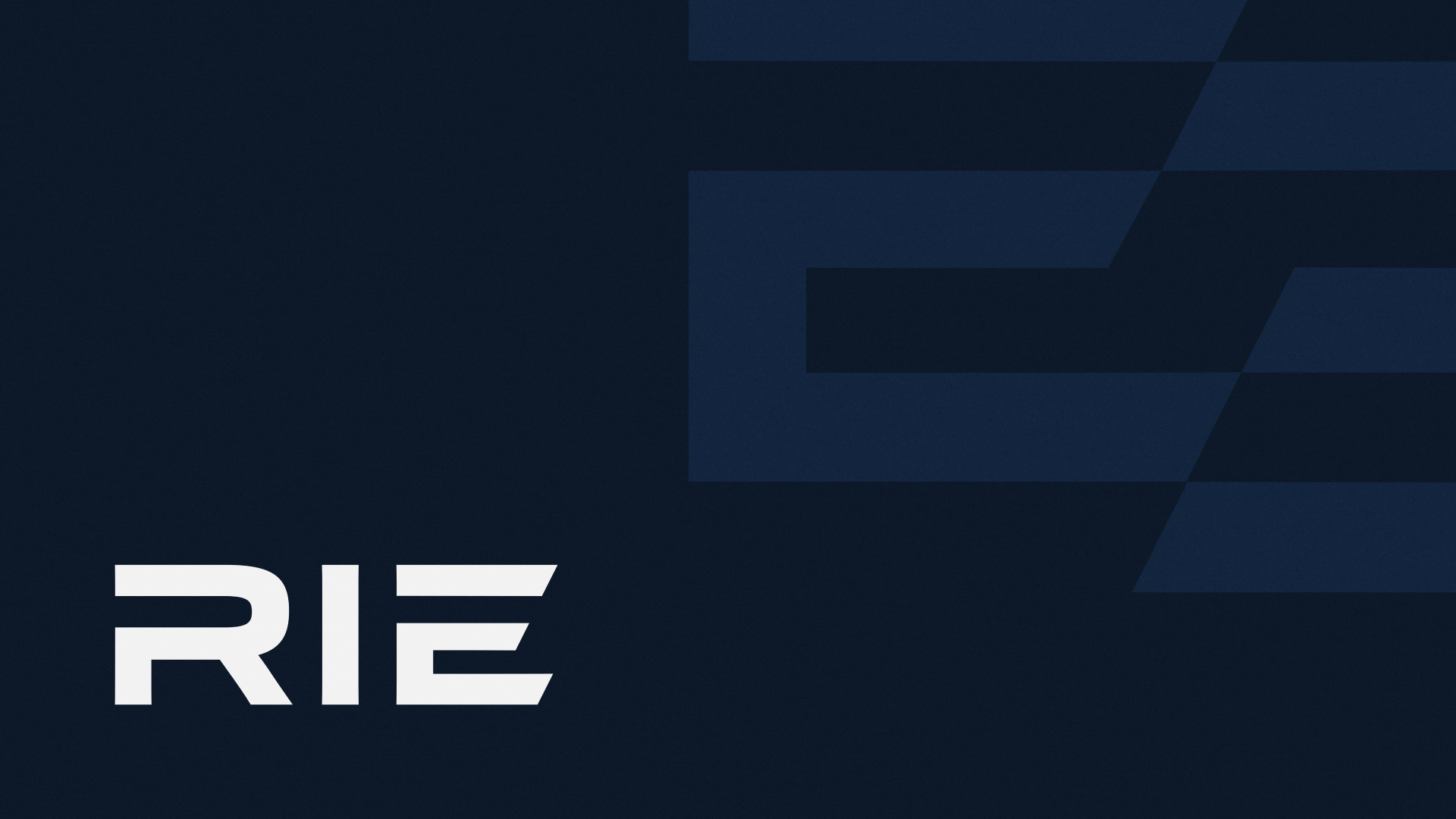 Stylized RIE logo in bold white font with a futuristic 'E' design, set against a dark blue background with abstract geometric accents for a modern, tech-forward brand aesthetic.